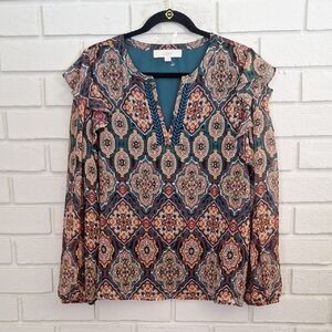 Loft Patterned Long Sheer Balloon Ruffle Sleeve Lined Blouse. Size Large NWOT